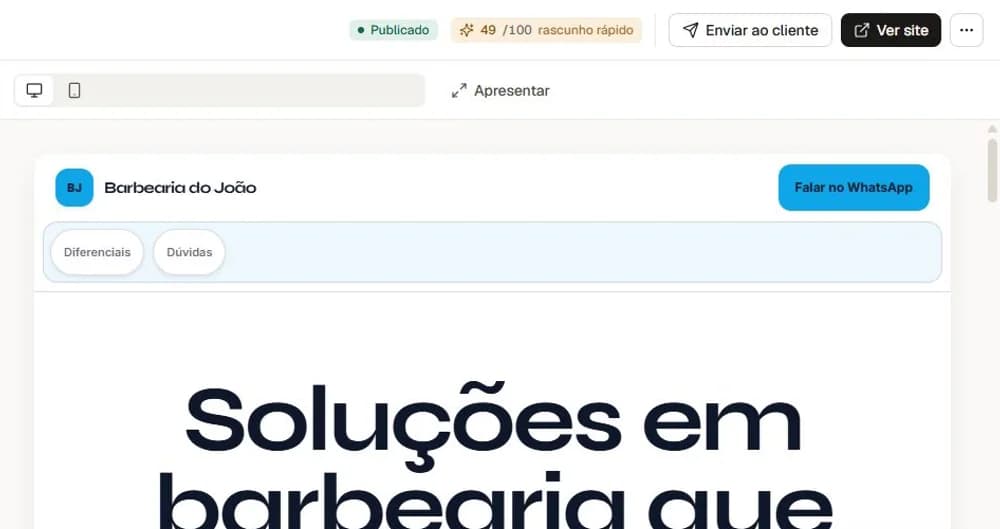 Tela real do modo demo com o site pronto e ação de envio ao cliente